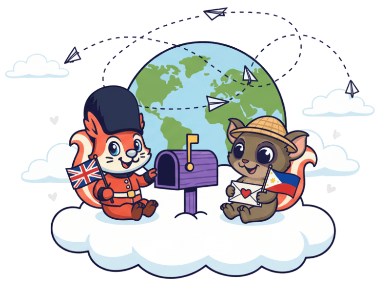 Two children exchanging letters across a world map