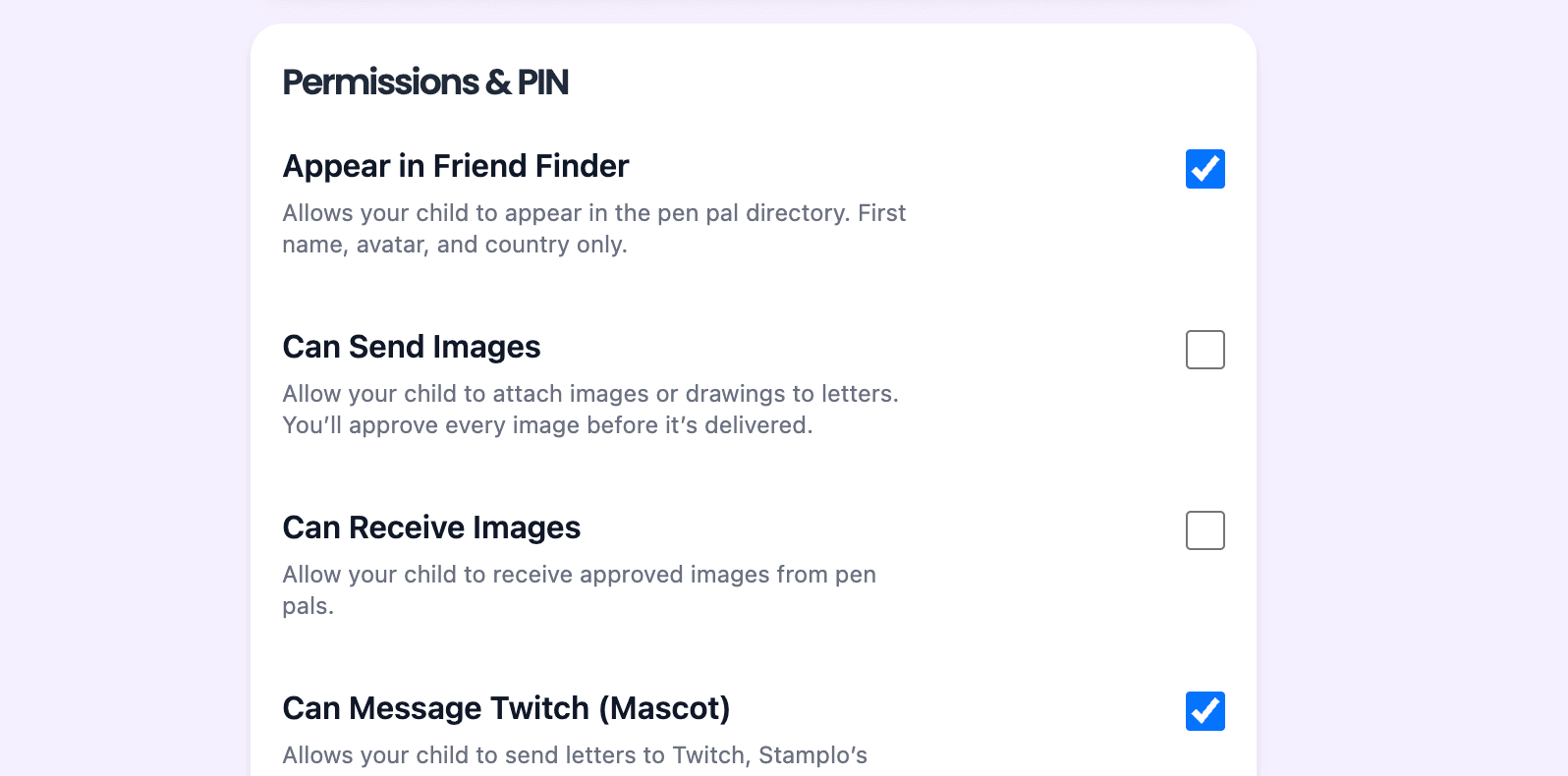 Parent dashboard with simple toggles