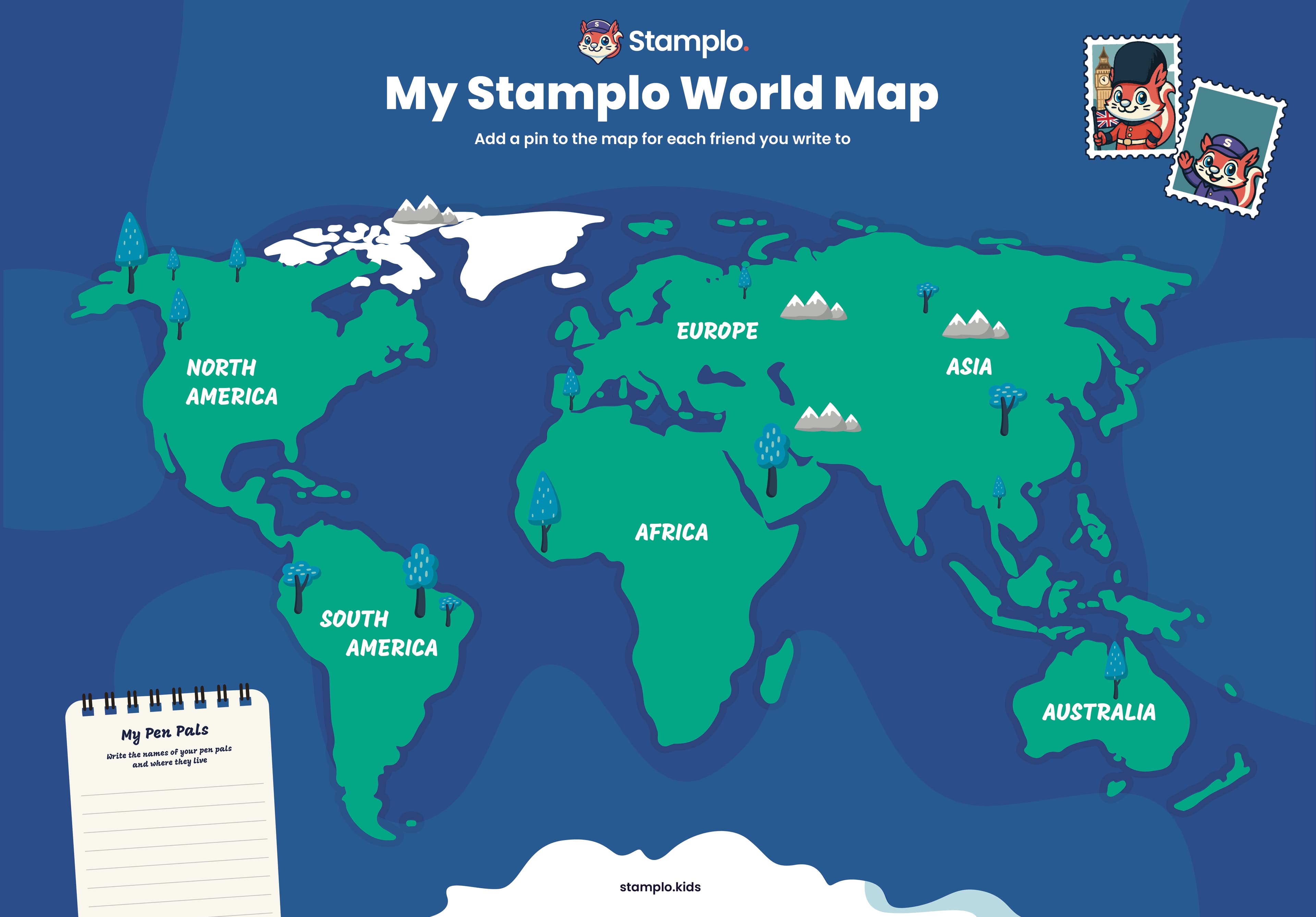 Stamplo World Map poster — a premium matte world map with pin locations and a My Pen Pals section